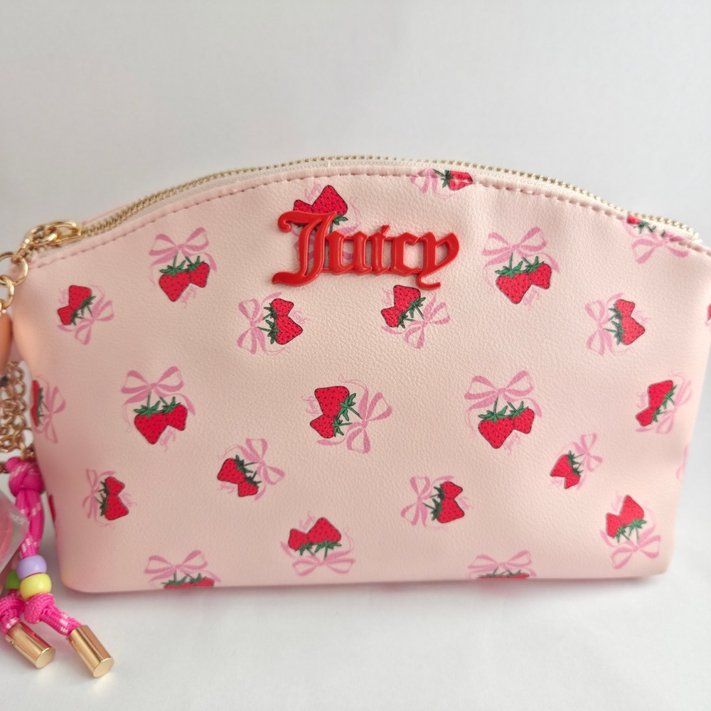 Juicy Couture Wristlet Pouch Womens OS Pink NWT Strawberry Bow Print Makeup Bag - Picture 2 of 16